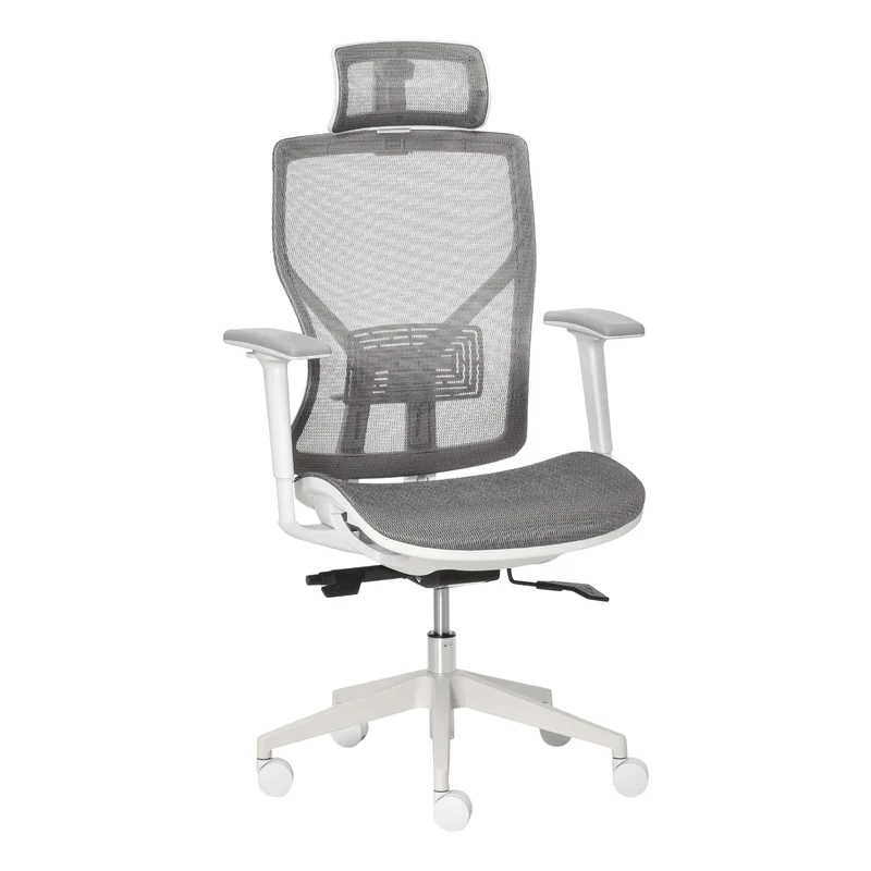 Easycomfort Sedia Ergonomica da Ufficio con Poggiatesta, Inclinazione e Altezza Regolabile, Poltrona Girevole Basculante con Ruote e Schiena in Rete, 67x65x120-128cm, Grigio