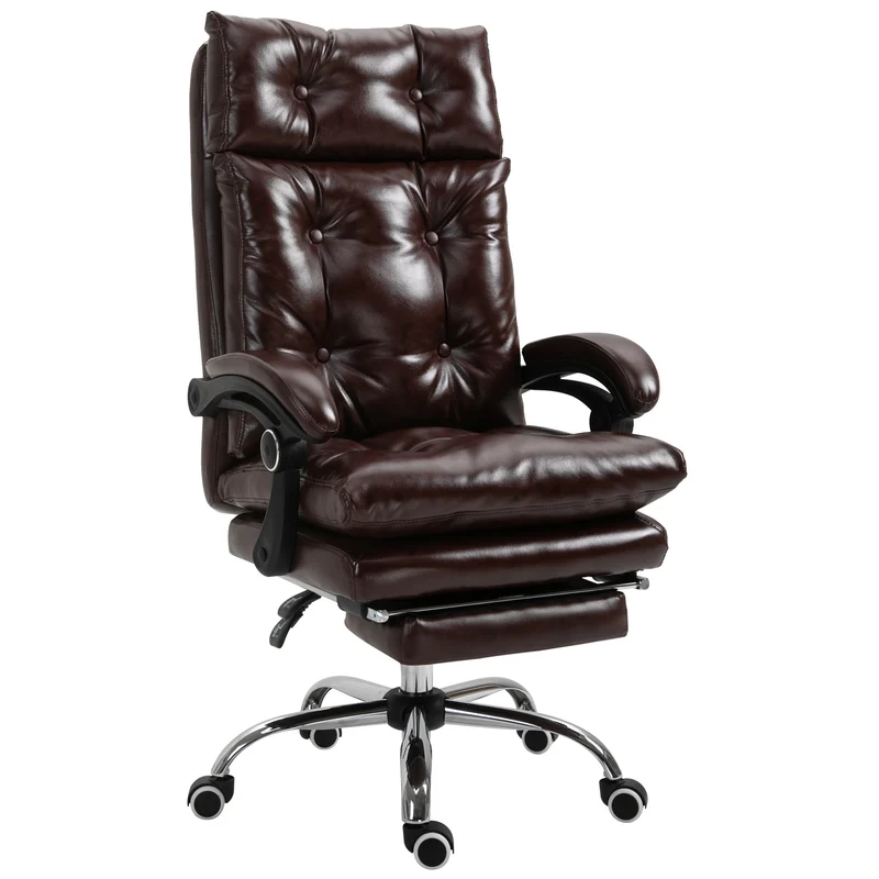 Easycomfort Poltrona Ufficio Presidenziale Similpelle Marrone Stile Chesterfield, Schienale Reclinabile 135° e Poggiapiedi