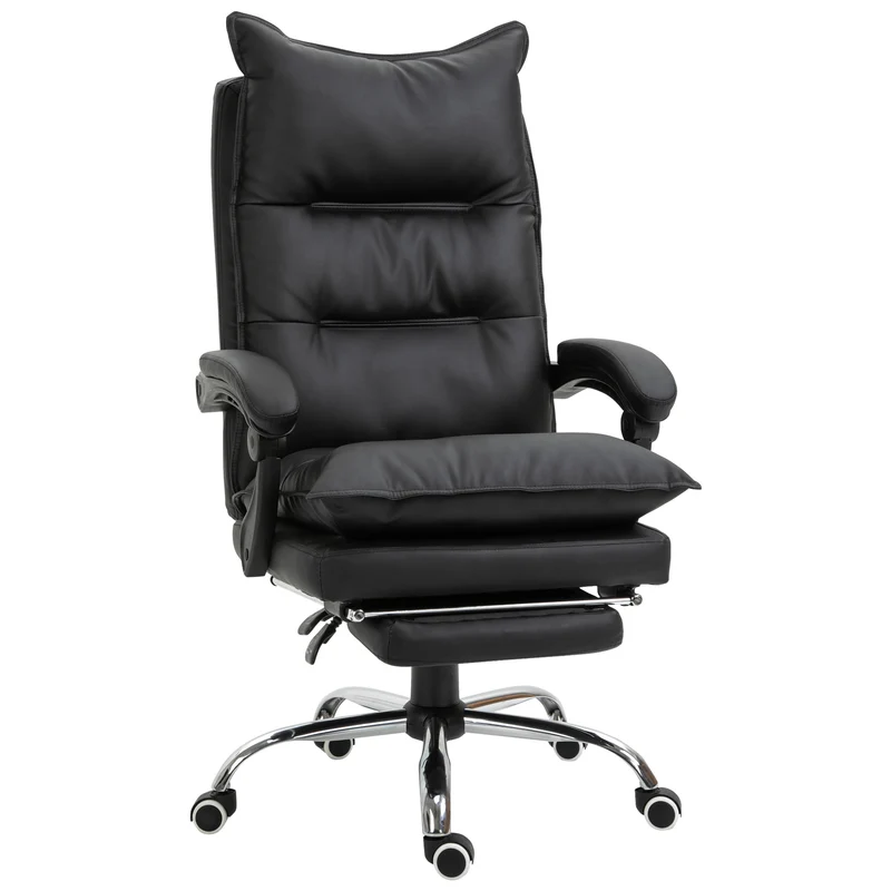 Easycomfort Poltrona da Ufficio in Finta Pelle Nera, Sedia Direzionale Altezza Regolabile con Schiena Alta Reclinabile 155° e Poggiapiedi