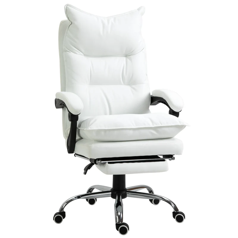 Easycomfort Poltrona da Ufficio in Finta Pelle Bianca, Altezza Regolabile con Schienale Reclinabile 155° e Poggiapiedi