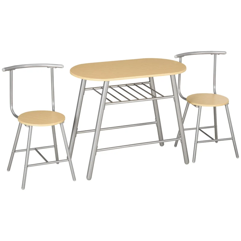 Easycomfort Set da Pranzo Salvaspazio da 3 Pezzi con Tavolo da Pranzo Ovale con Ripiano e 2 Sedie in MDF e Acciaio