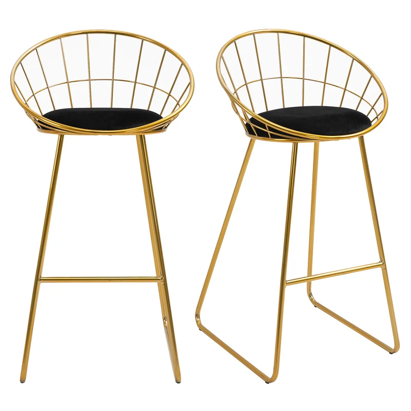 Easycomfort Set 2 Sgabelli da Bar Alti con Schienale e Poggiapiedi per Salotto o Cucina Stile Moderno, Cuscino in Velluto e Struttura in Metallo, 52.5x47x97cm, Nero e Oro