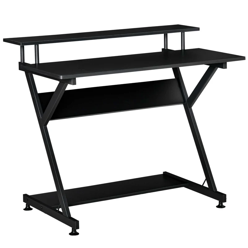 Easycomfort Tavolo Porta PC Salvaspazio con Ripiano Monitor Rialzato, 100x60x85.5cm, Legno - Nero