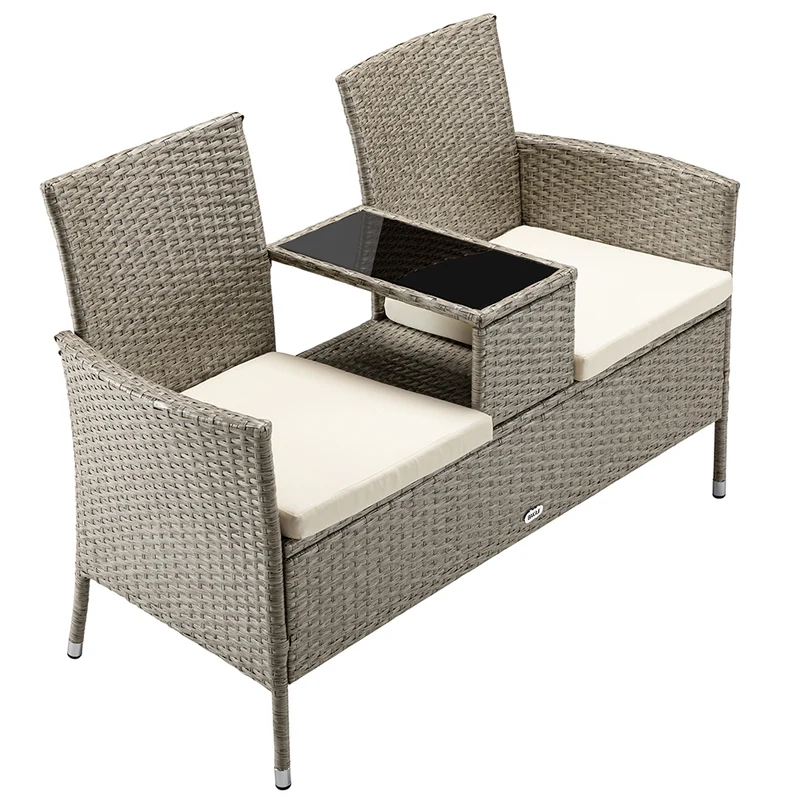 Divano Panca da Giardino Crema in Polyrattan Panchina Divanetto con Ripiano Vetro