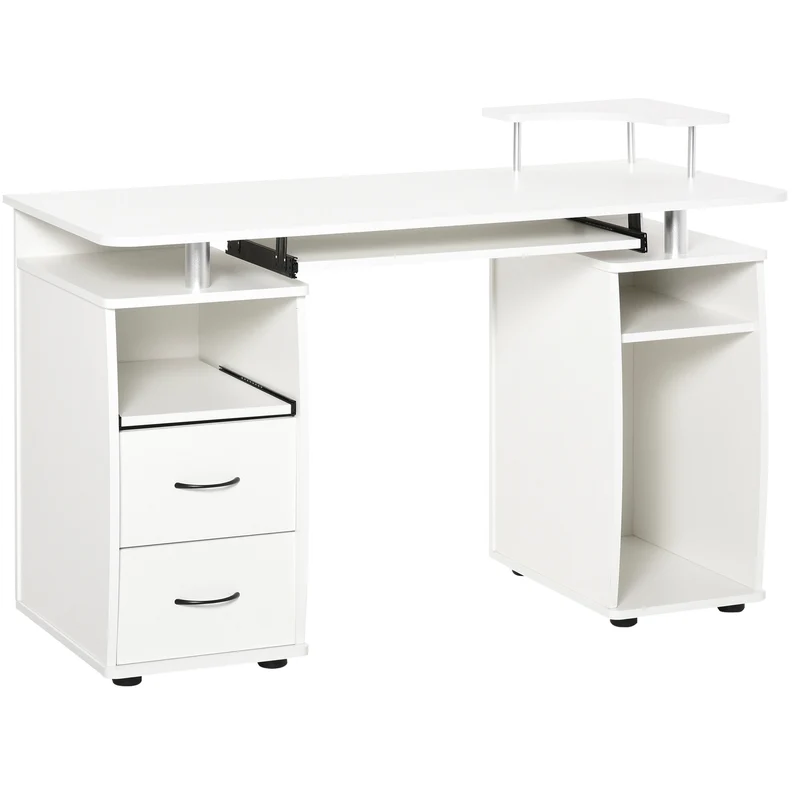 Easycomfort Scrivania per PC con Ripiano per Tastiera e per Monitor e 2 Cassetti, 120x55x85 cm, Bianca