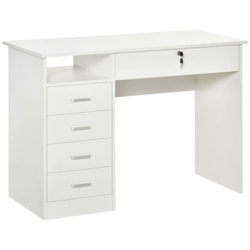Easycomfort Scrivania per Camera o Ufficio in Legno con 2 Cassetti e 2 Chiavi, 110x50x76cm - Bianco