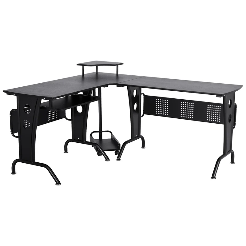 Easycomfort Scrivania Gaming per Casa o Ufficio, Angolare e Salvaspazio con Ripiano Tastiera Estraibile, 165x145x86.5cm, Nera