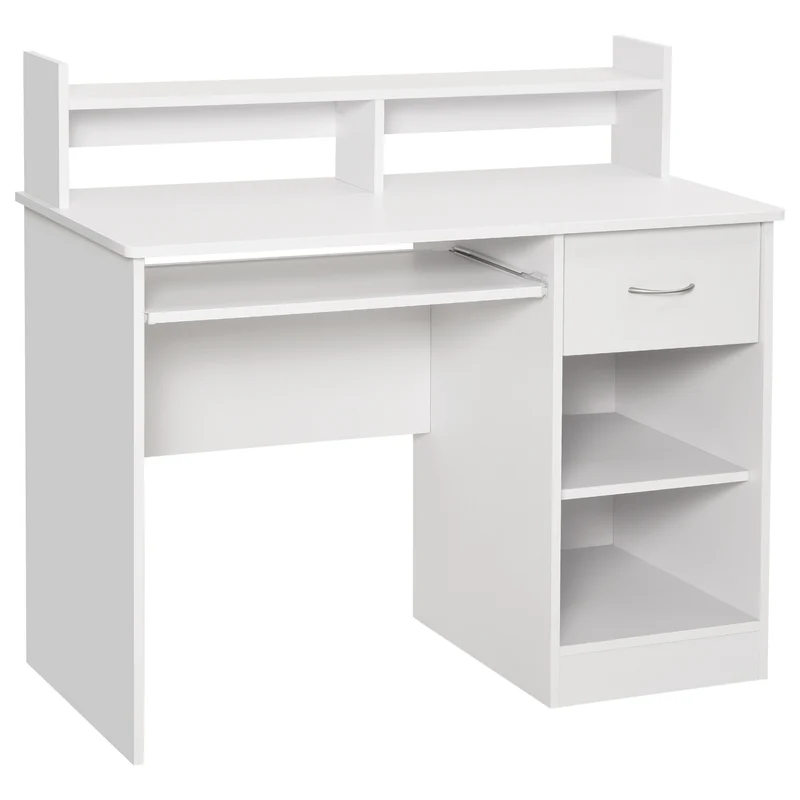 Easycomfort Scrivania per Computer Compatta, Scrivania PC Fisso in Legno Bianco con Ripiano Tastiera Estraibile e Mensole 104x48x95.5cm