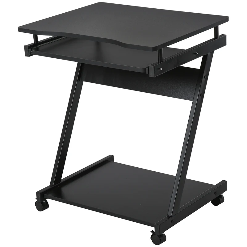 Easycomfort Scrivania per Computer Porta PC Classico e Salvaspazio, Scrivania per cameretta con Piano Tastiera a Scomparsa, 4 Ruote e Ripiano Inferiore Nero 60x48x73cm