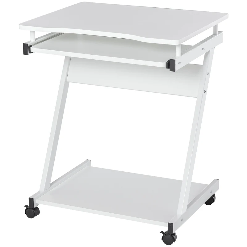 Easycomfort Tavolo Porta PC Classico e Salvaspazio, Piano Tastiera a Scomparsa, 4 Ruote e Ripiano Inferiore Bianco 60x48x73cm