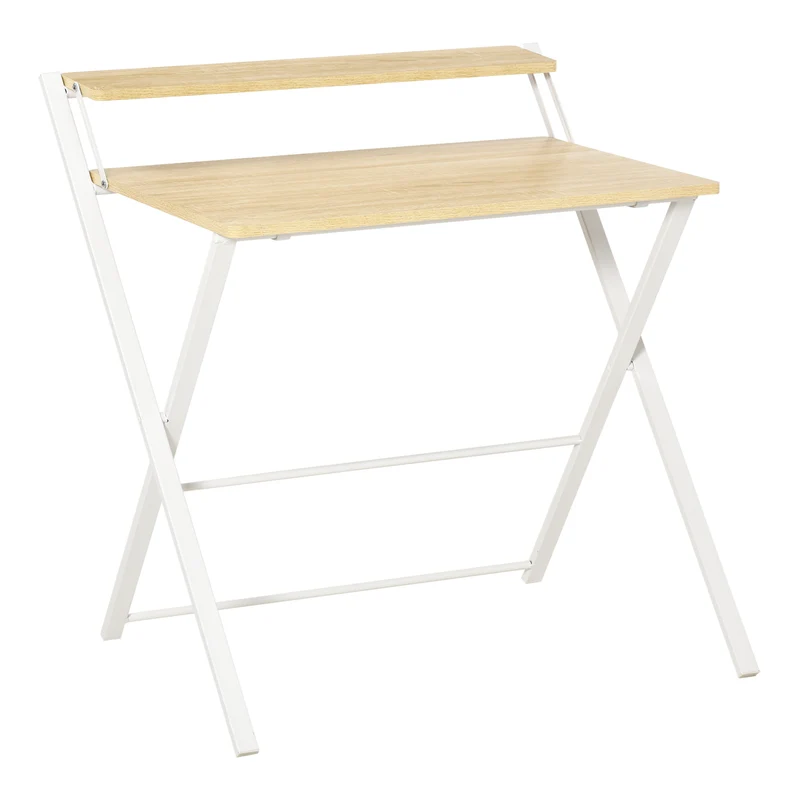Easycomfort Scrivania Pieghevole Salvaspazio con Mensola Superiore per Camera e Ufficio, 81.5x70x84cm, Color Legno e Bianco