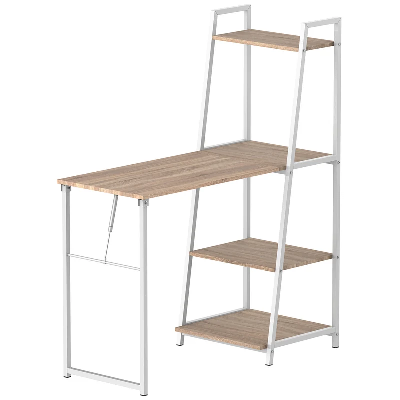 Easycomfort Scrivania Pieghevole con Libreria Salvaspazio in Metallo Bianco e Legno MDF Color Rovere, 106x48x128cm