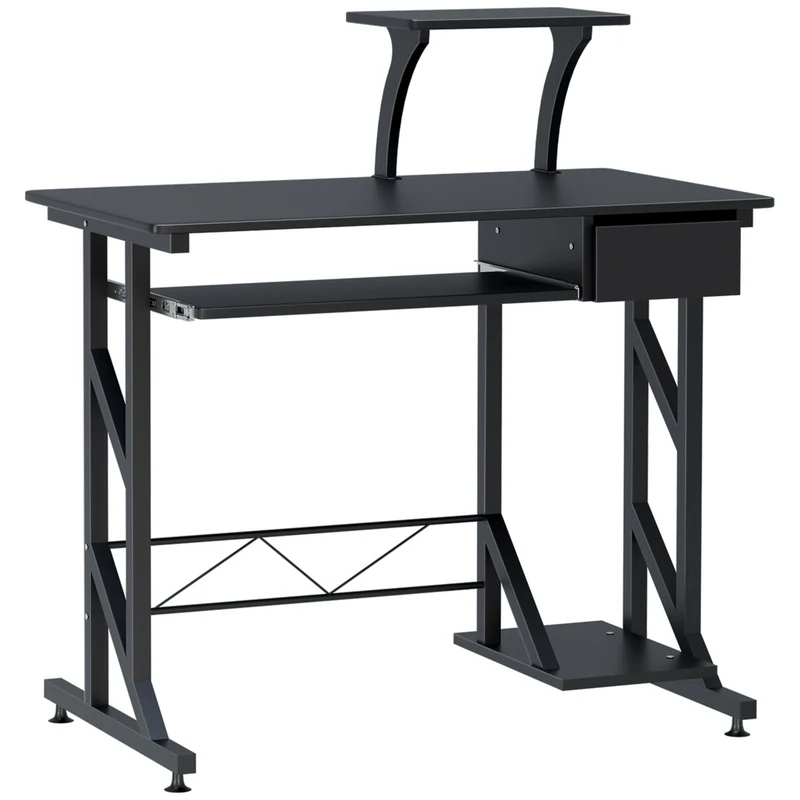Easycomfort Scrivania per Computer Salvaspazio in Acciaio e Legno, Scrivania da Ufficio con Cassetto, Ripiano Tastiera Estraibile 90 x 50 x 95cm
