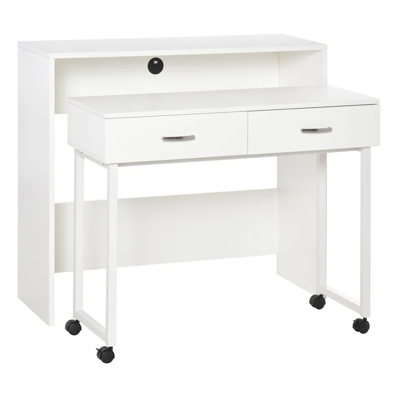 Easycomfort Tavolo Scrivania Salvaspazio per Camera e Ufficio, Scrivania con Cassetti e Ruote, Postazione di Lavoro Doppia o Singola, 100x36x88cm, Bianco