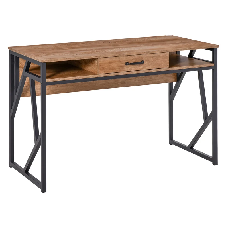 Easycomfort Scrivania Moderna in Metallo e MDF Stile Industriale, Mensole e Cassetto per Casa e Ufficio, 120x60x76cm Nero Marrone