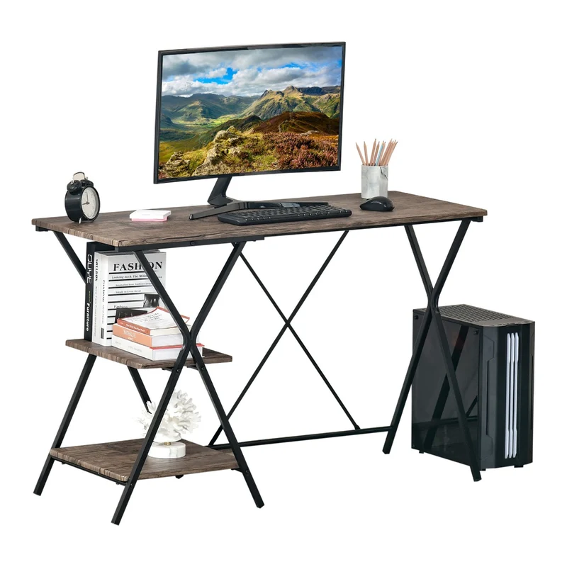 Easycomfort Scrivania con Mensola da Ufficio, Scrivania Porta PC in Stile Industriale, Scrivania per Computer in Legno, Marrone, 120x48x78cm