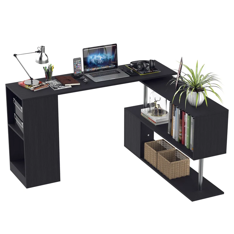 Easycomfort Scrivania Angolare e Salvaspazio per Computer, Tavolo da Pranzo in Legno Nero per Casa o Ufficio, Girevole a 360°, 140x120x78 cm