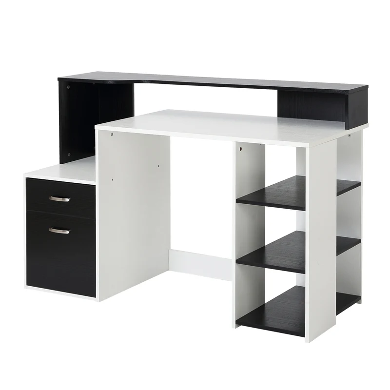 Easycomfort Scrivania per Ufficio con Ripiano Stampante, 2 Cassetti e 3 Mensole, in MDF Bianco e Nero, 137 x 55 x 92cm