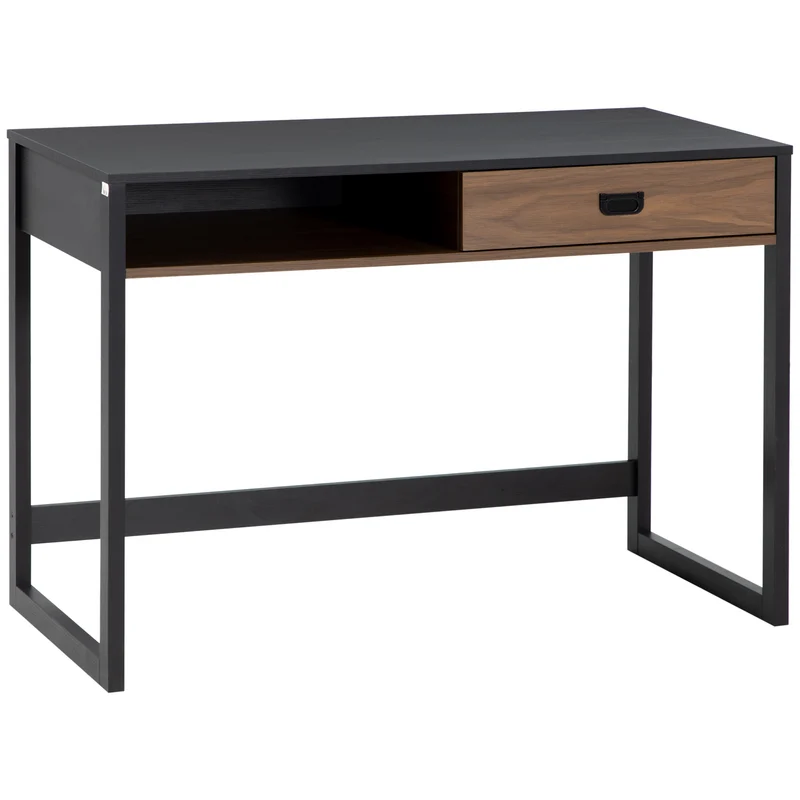Easycomfort Scrivania per Camera e Ufficio con Cassetto Stile Industriale, 110x50x76cm, Noce e Nero