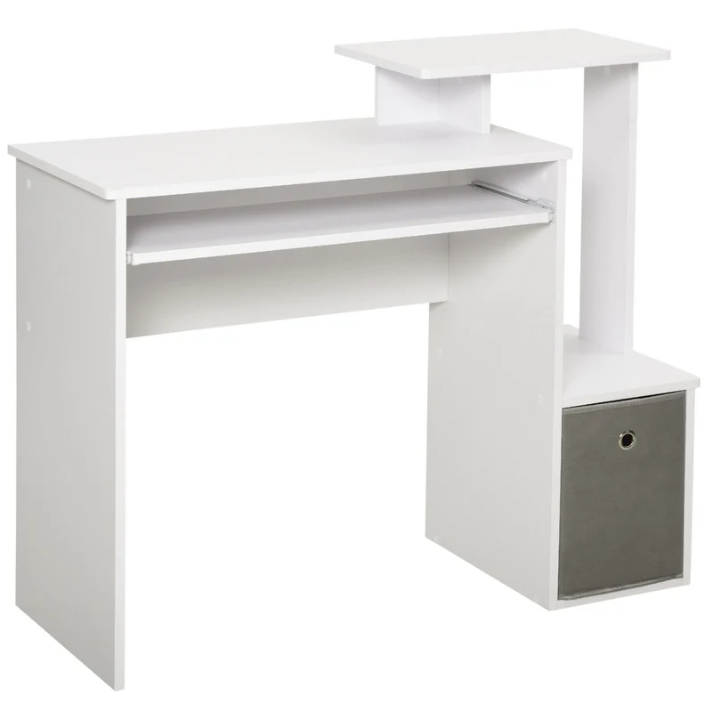 Easycomfort Scrivania Moderna per PC con Mensola Porta Tastiera, Ripiano e Cassetto in Tessuto, in Legno, 100x40x86.6cm, Bianco