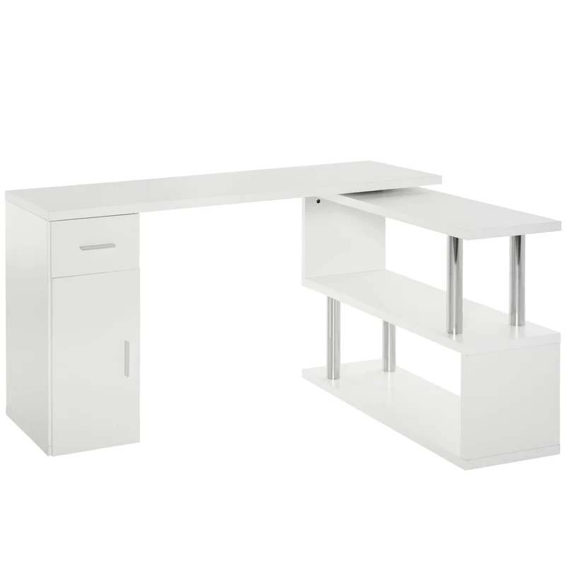 EasyComfort Scrivania Angolare Moderna in Legno con Cassetto, Armadietto e Mensole, Arredamento per Ufficio e Casa, Bianco