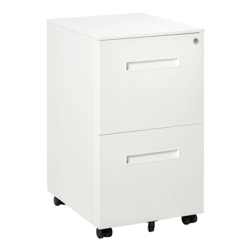 Easycomfort Cassettiera Ufficio con Ruote, Schedario Portadocumenti a 2 Cassetti con Serratura e 2 Chiavi in Acciaio, 39x48x67cm, Bianco