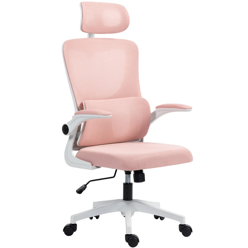 Sedia Ergonomica da Ufficio Girevole 60x59x114-122 cm con Poggiatesta Rimovibile in Tessuto a Rete Rosa
