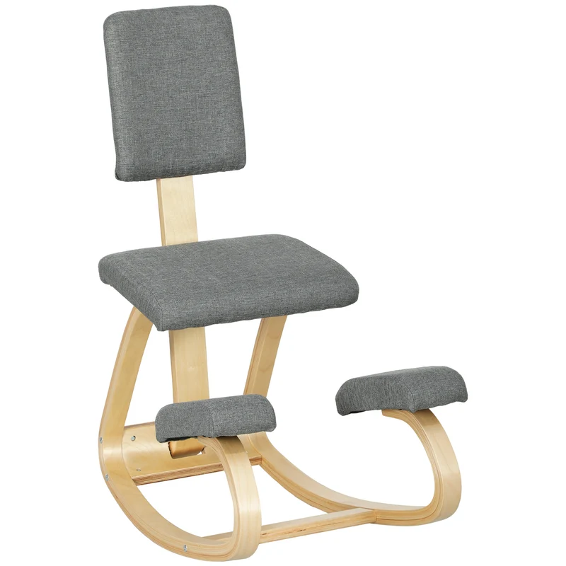 Sedia Inginocchiatoio con Movimento a Dondolo 51x84x93 cm in Tessuto Effetto Lino e Legno Grigio