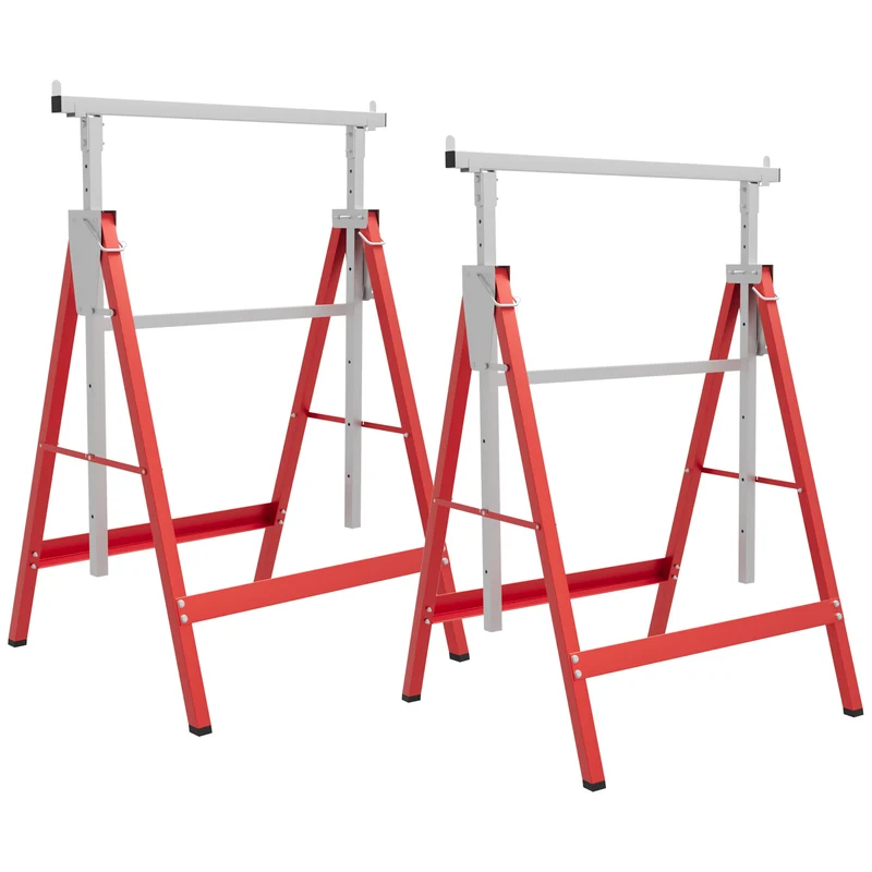Set 2 Cavalletti da Lavoro Telescopici e Pieghevoli 68x58x80 cm in Acciaio Q195 Rosso e Argento
