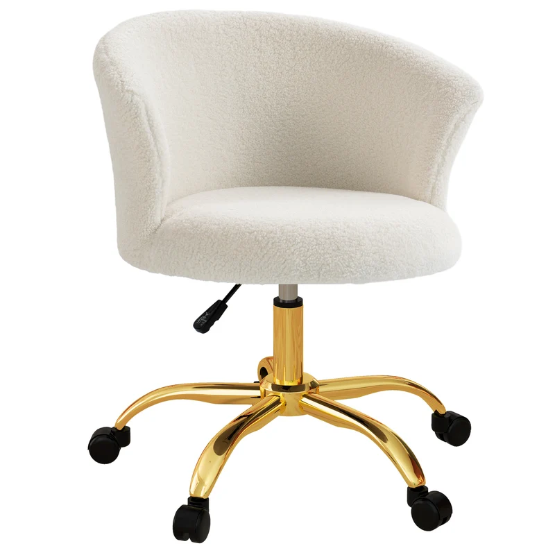 Sedia da Ufficio Design Moderno con Seduta Girevole e Rivestimento in Tessuto Teddy Bianco e Oro