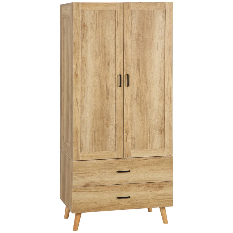 Armadio 2 Ante a Battente con 2 Cassetti 80x54x180 cm con Asta Appendiabiti in Truciolato Color Legno