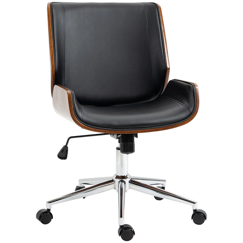 Sedia da Ufficio Design Vintage Imbottita in Finta Pelle Struttura in Legno di Pioppo Nero e Marrone Scuro