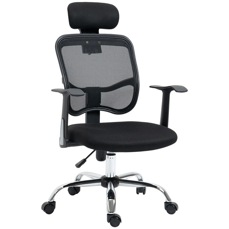 Sedia da Ufficio Ergonomica con Poggiatesta 63x62x106-114 cm in Poliestere e Acciaio Nero