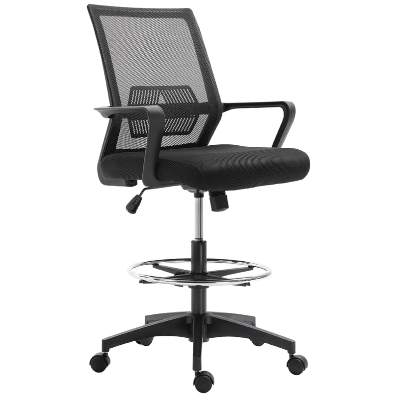 Sedia da Ufficio Regolabile con Braccioli e Anello Poggiapiedi 64x59x104-124 cm in Tessuto a Rete Nero
