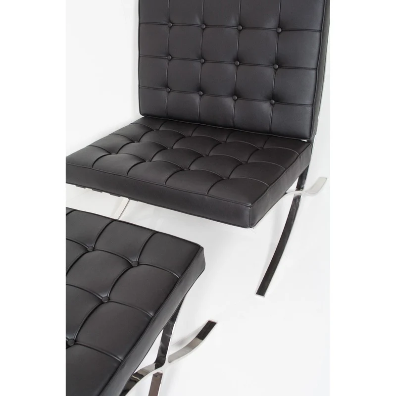 Set Poltrona e Pouf Barcelona in Acciaio Cromato Rivestimento in Similpelle Nero