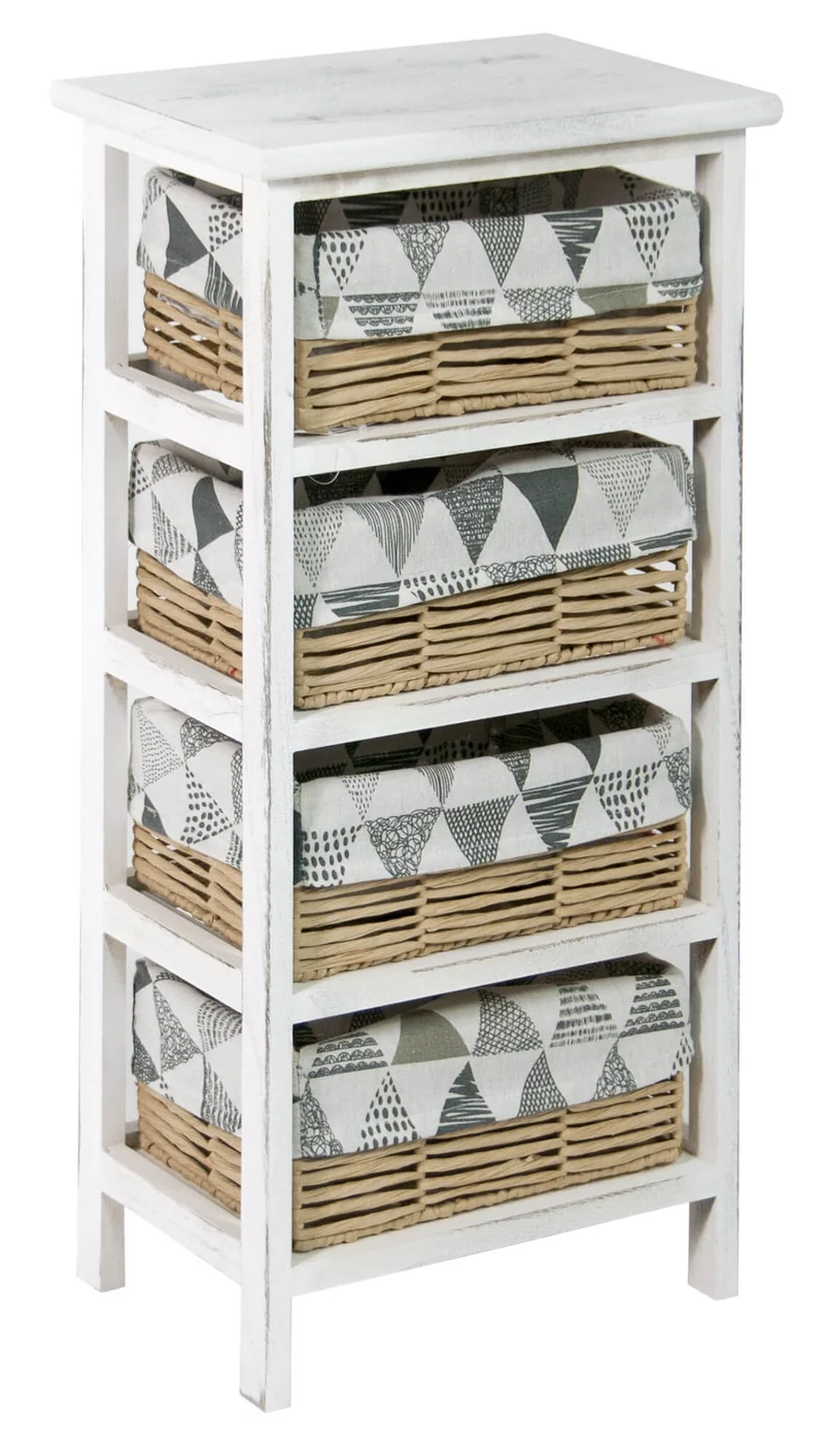 Cassettiera 4 Cesti in Vimini 35x25x71 cm in Legno Massello Fumer Nancy Bianca