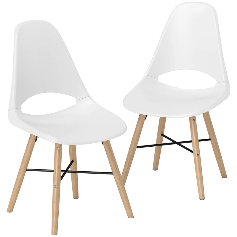 Set 2 Sedie da Pranzo in Stile Nordico con Schienale Curvato in Plastica e Legno Bianco