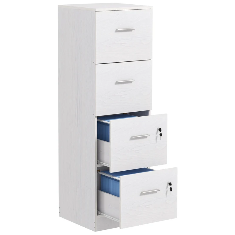 Cassettiera per Ufficio a 4 Cassetti 40x42x130,8 cm con 2 Serrature e Barra Portadocumenti in Legno Bianco