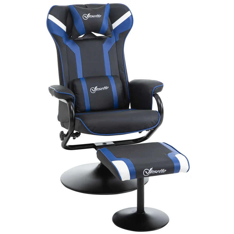 Easycomfort Set 2 Pezzi Poltrona Gaming Reclinabile Inclinabile a 130° con Sgabello Poggiapiedi, Nero e Blu Scuro