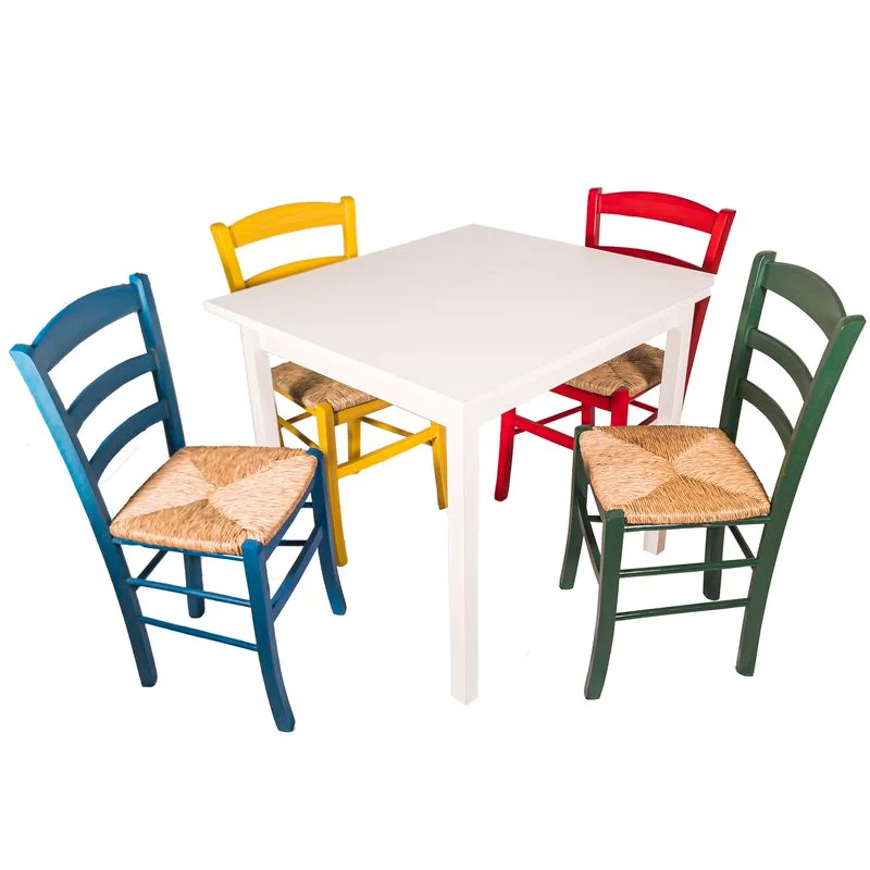 Set tavolo bianco 80x80 cm + 4 sedie paesana paglia colorate