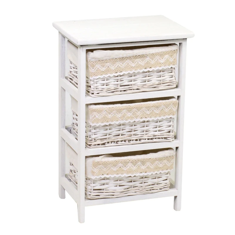 Cassettiera in Legno e Vimini 3 Cassetti 38x28H60,5cm Orietta Bianca