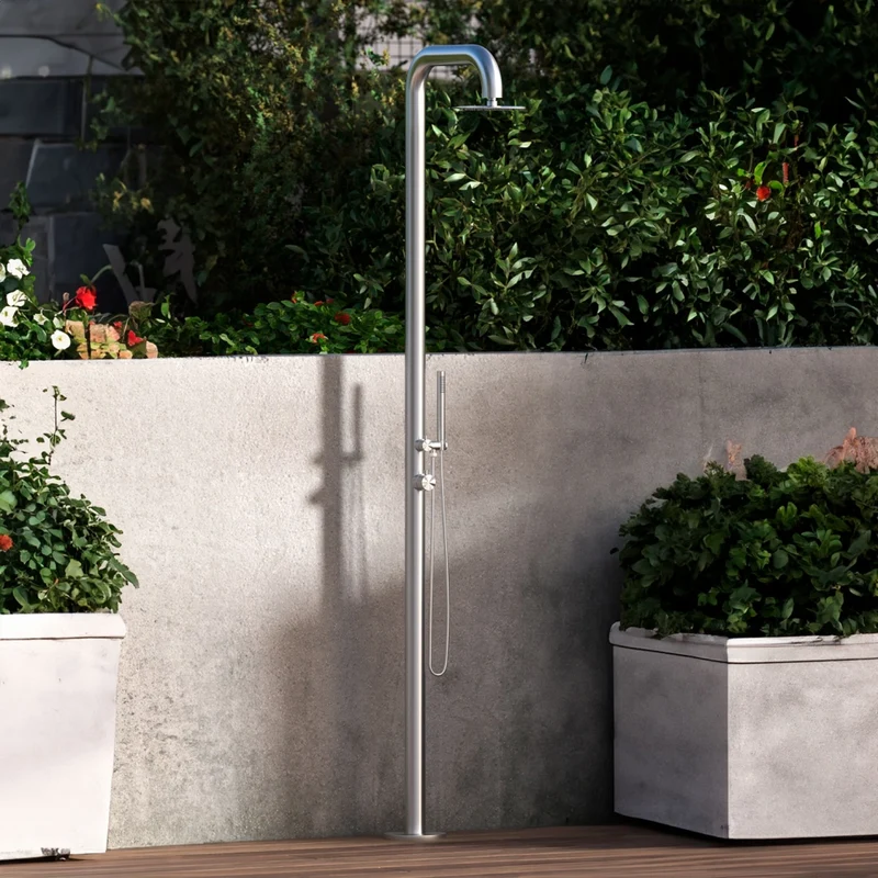 Sined Pula Doccia Da Giardino In Acciaio 316l Con Doccino h 230 Cm Inox Satinato Doccia Con Alimentazione Acqua Calda e Fredda