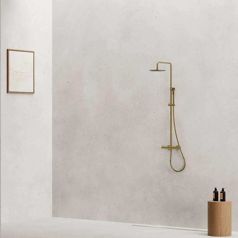 SINED Doccia Da Parete In Acciaio Inox 316L Finitura PVD Oro Miscelatore Termostatico Soffione 25 cm Doccino a Mano Installazione Interno Esterno Modello Levante