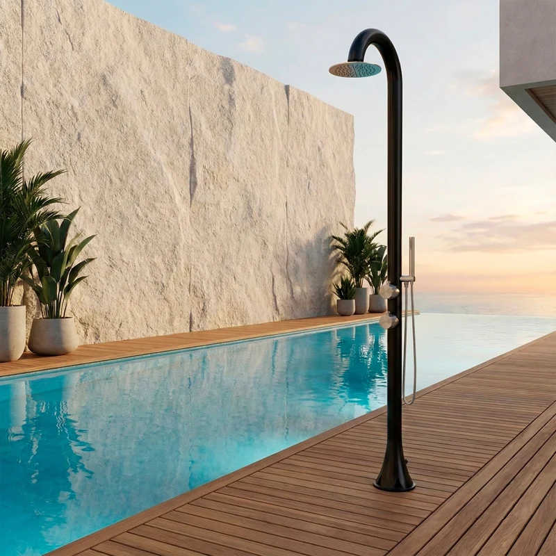 SINED Doccia Luna D Nera In Acciaio Inox 316l Con Doccino Flessibile Con Doppio Ingressi Per Acqua Calda e Fredda laterale o dal basso Due modalita Ideale Per Installazioni Esterne