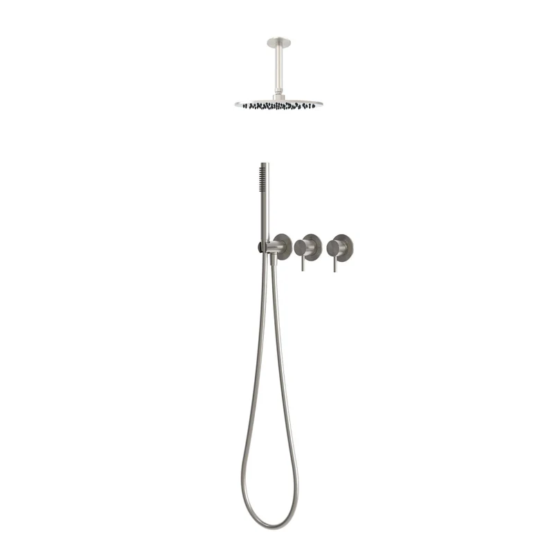 Kit Doccia Soffitto Corto Inox 25 cm in Acciaio Inox 316L con Soffione 25 cm Miscelatore Deviatore Doccino Supporto e Tubi Flessibili KIT-DOCCIA-SOFFITTO-CORTO-25-INOX