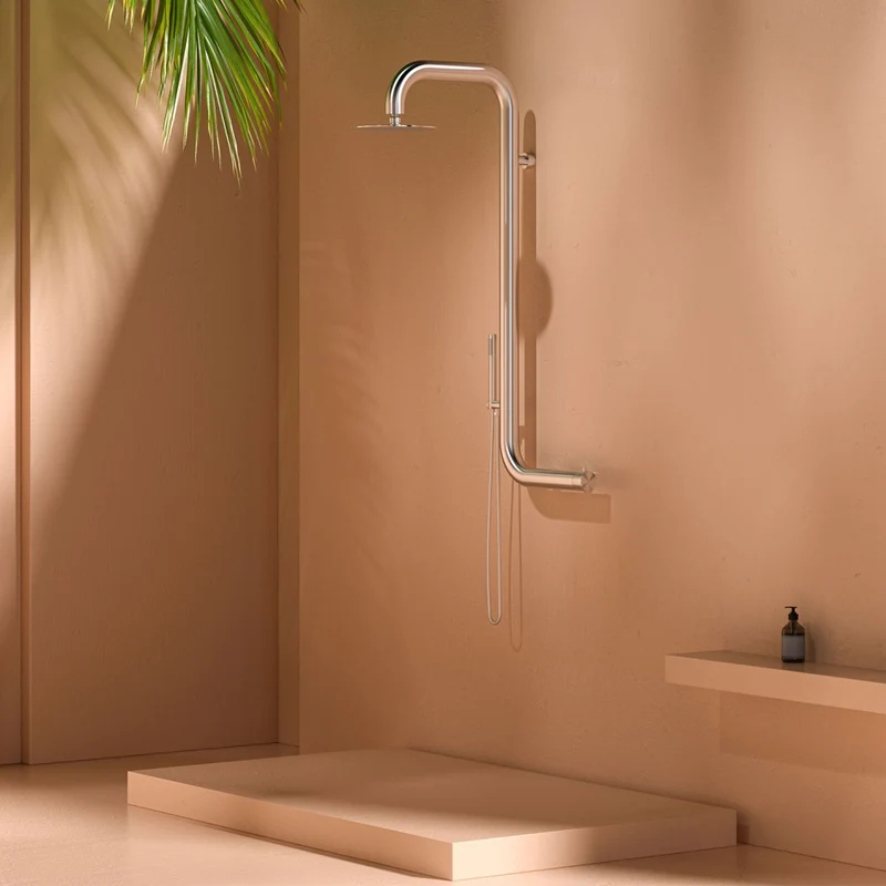 SINED Doccia a Parete In Acciaio Inox 316L Satinato con Miscelatore e Soffione Ampio Per Parete e Esterni Ed Interni Acqua calda e fredda Modello DOCCIA CABRAS INOX