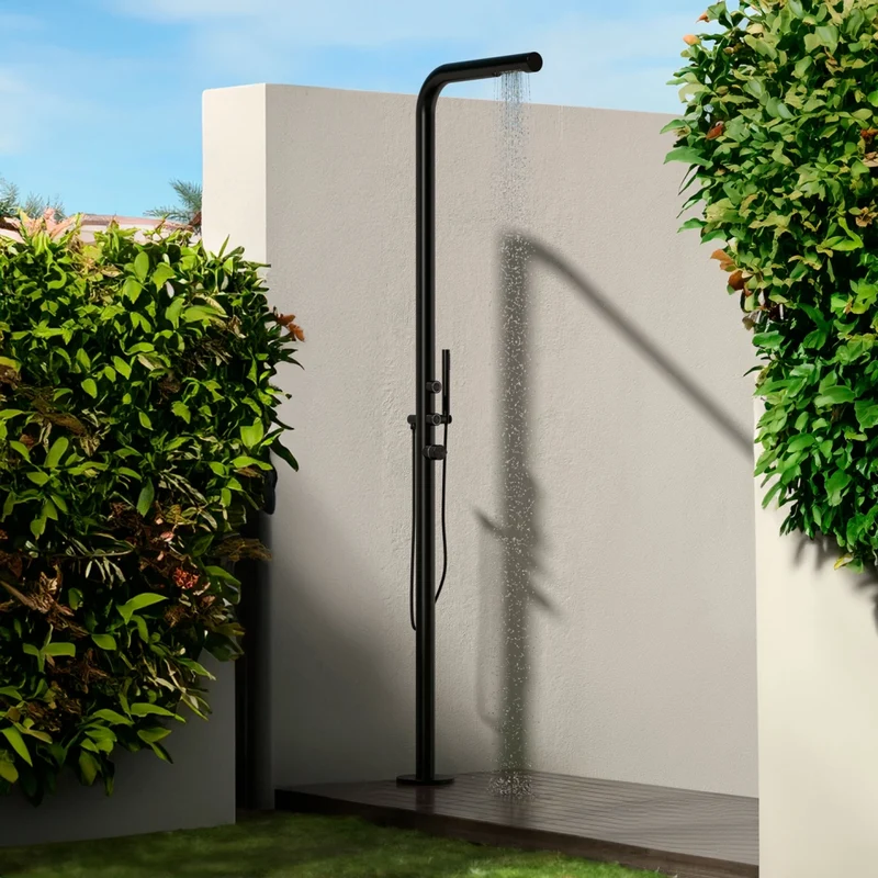 SINED Doccia Esterna Inox Nero Opaco con Miscelatore e Doccetta Corpo in Acciaio AISI 316L Fusto Ø 6 cm Ingresso Acqua Calda e Fredda Dal Basso 221 cm Modello DOCCIA BUDONI NERA
