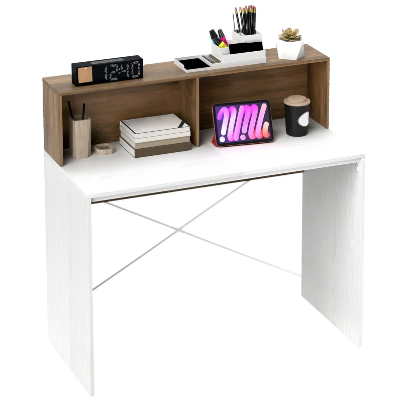 Scrivania PC Moderna 110x50x102,6 cm con Piano Rialzato Bianco e Noce