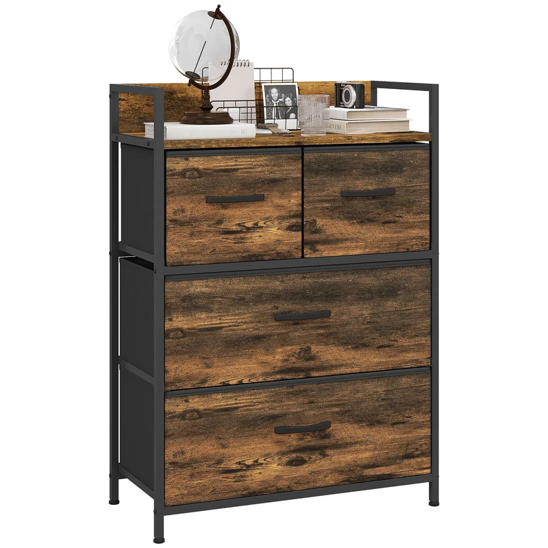 Cassettiera 4 Cassetti Design Industriale 60x29x85 cm in Acciaio Legno e Tessuto Marrone e Nero