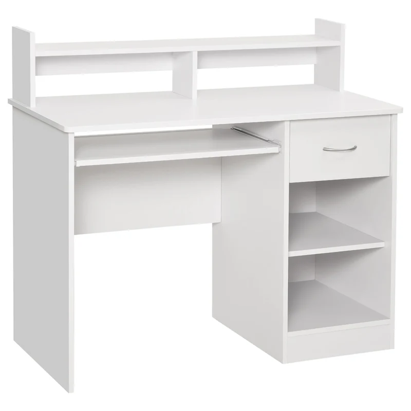 Scrivania 104 x 48 x 95,5 cm con Ripiano Tastiera Estraibile e Mensole in Legno Bianco